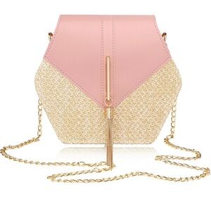 Pink and Cream Hexagonal Crossbody Bag with Gold Chain